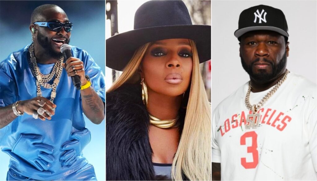 50 Cent, Mary J. Blige, and Davido performing live at Tottenham Hotspur Stadium, London, for the 2025 UK concert.