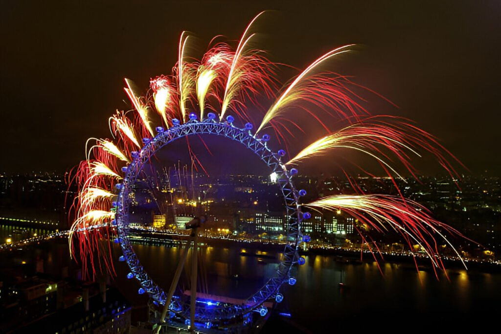 London Eye at night with vibrant lights, offering stunning views of the city during New Year's Eve celebrations.