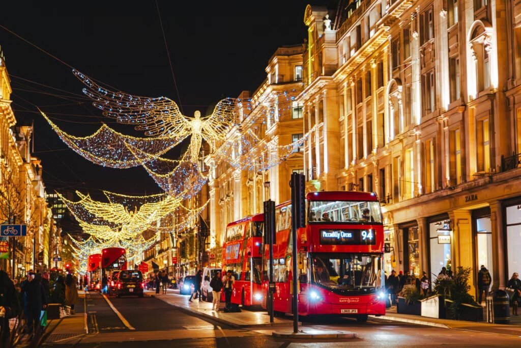 London Christmas Day lights and decorations with empty streets and festive atmosphere