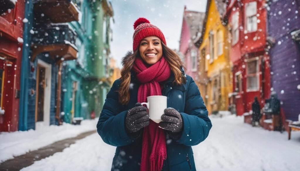 Stylish woman wearing a wool coat, scarf, and beanie while standing on a snowy street in winter