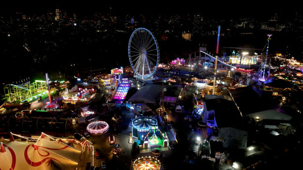 Hyde Park Winter Wonderland in London decorated with festive Christmas lights and attractions