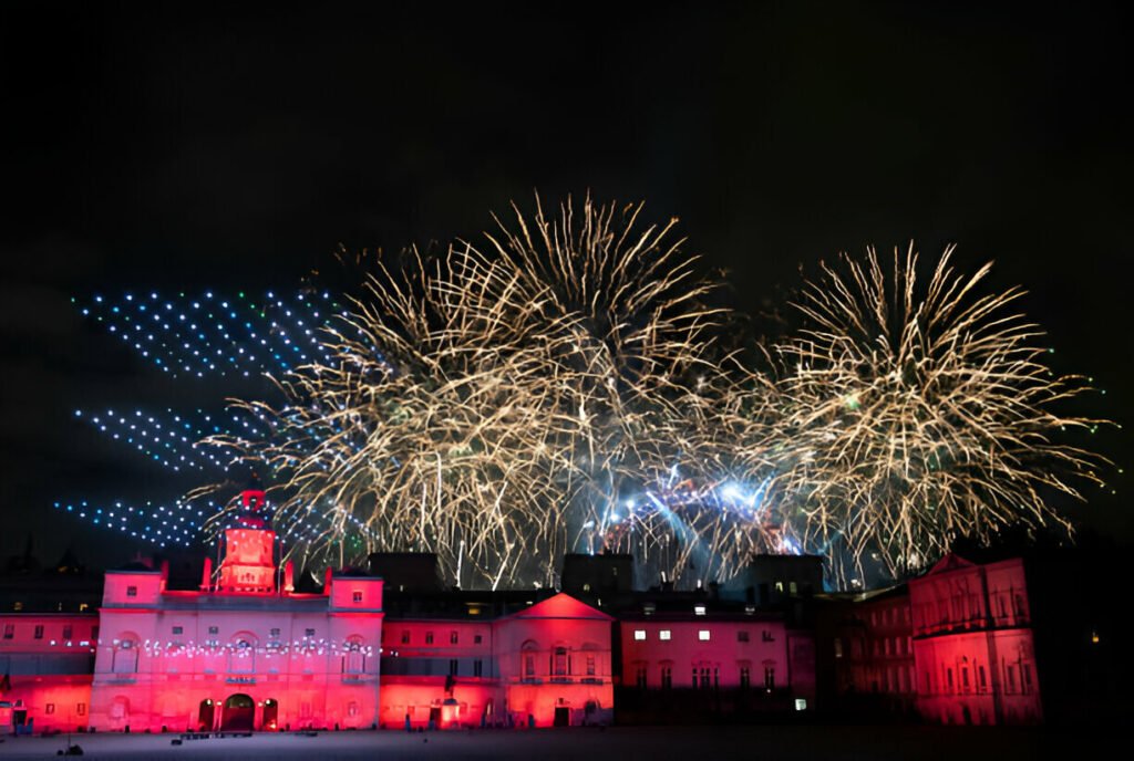 Exciting New Year's Eve celebrations in London with fireworks lighting up the night sky.