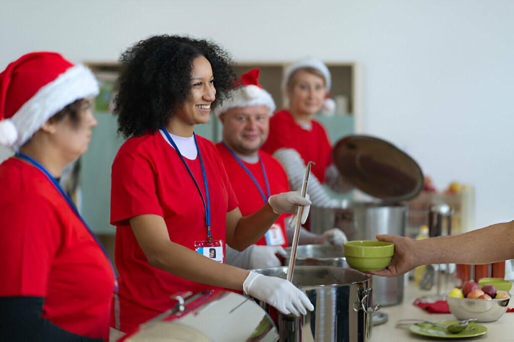 Volunteers helping others on Christmas Day in London, spreading joy and kindness