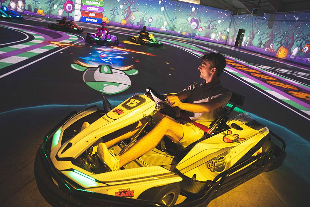 Augmented reality go-karting experience at Battle Kart in London with virtual elements and racing excitement