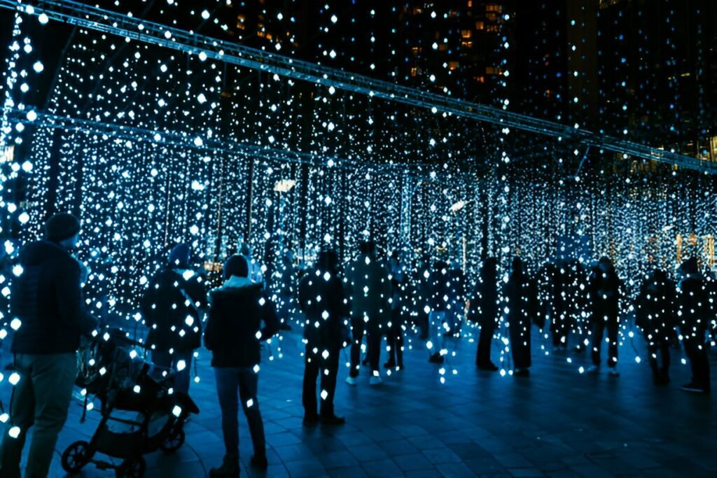 Visitors enjoying light installations at Canary Wharf Winter Lights 2025 festival in London.