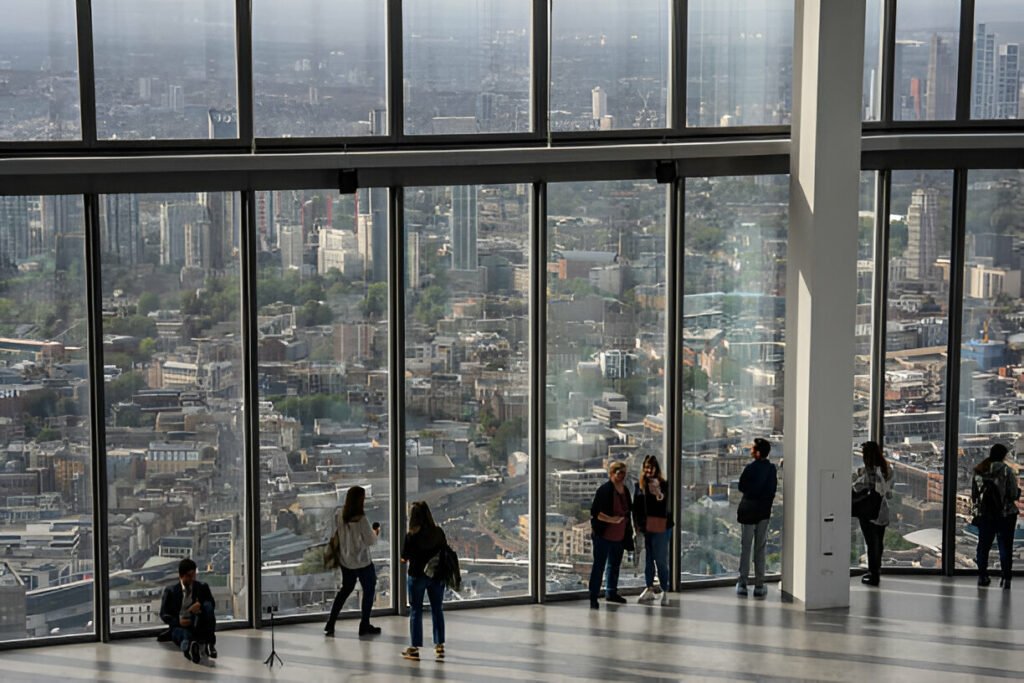 Visitors enjoying panoramic views of London from Horizon 22, the highest free viewing platform in London