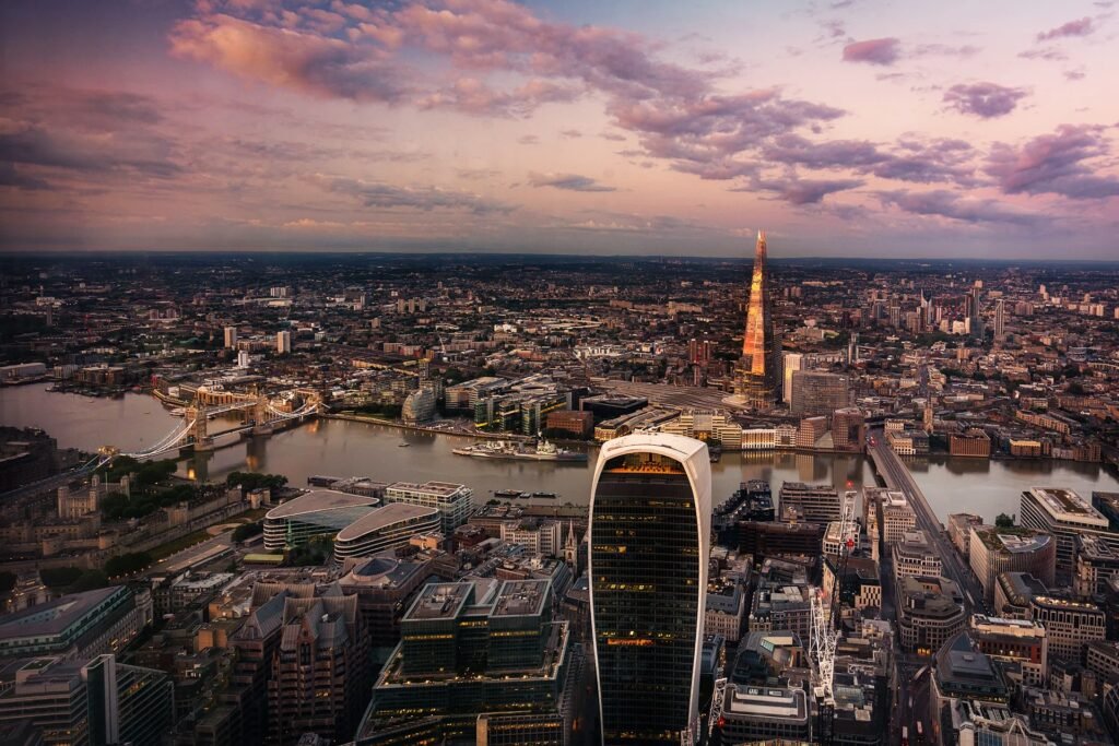 Morning view in London from Horizon 22, the highest free viewing platform in London, offering stunning city views