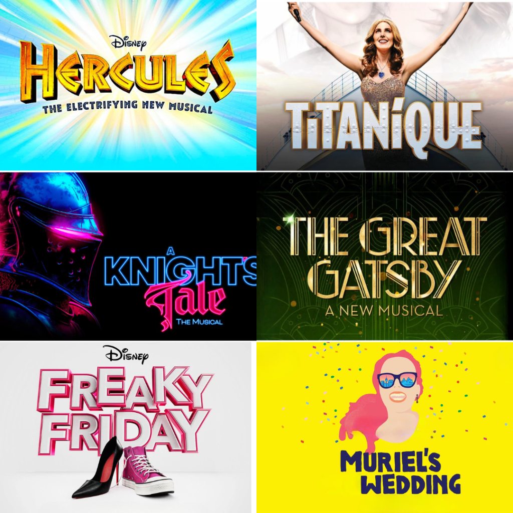 New UK Musicals You Need to See in 2025 featuring A Knight's Tale, Clueless, 13 Going on 30, Freaky Friday, Hercules, Muriel’s Wedding, The Devil Wears Prada, The Great Gatsby, Percy Jackson, Just for One Day, and Titanique.