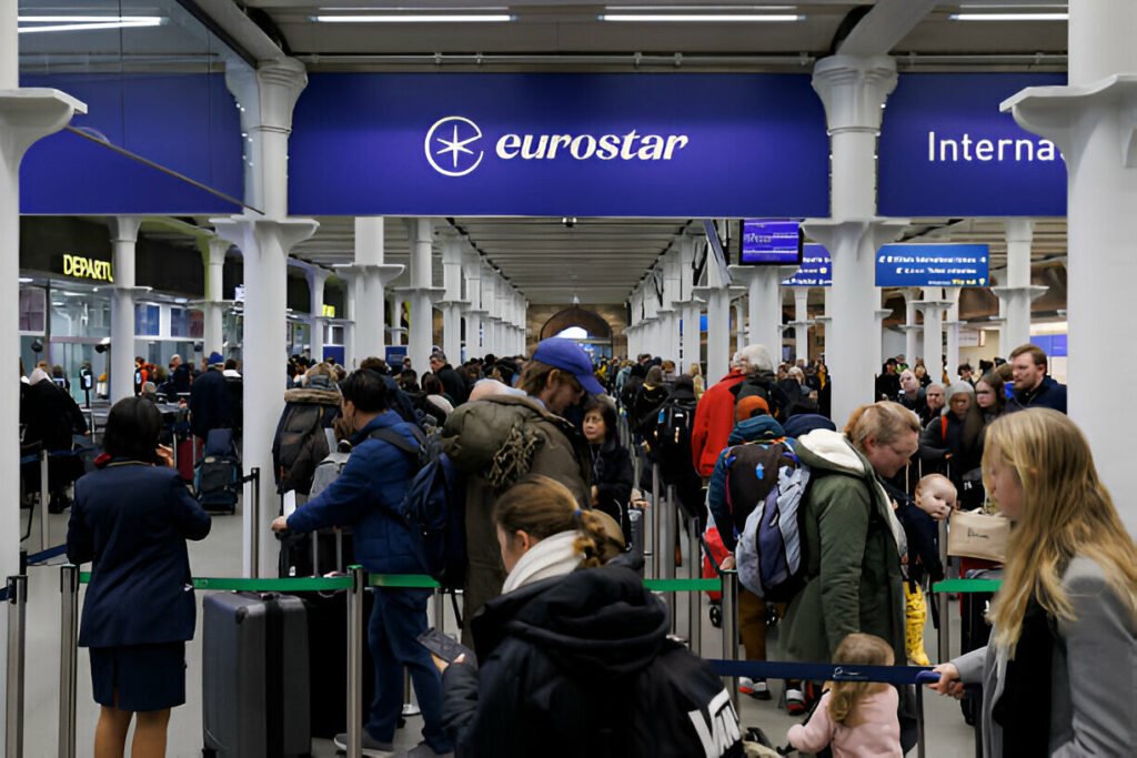 People waiting at the Eurostar train station, ready to take advantage of affordable prices for Eurostar train tickets