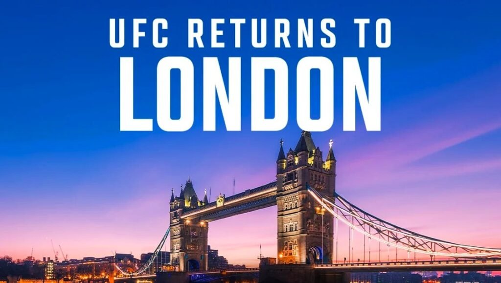 UFC Fight Night London 2025 poster with event details and fighters.