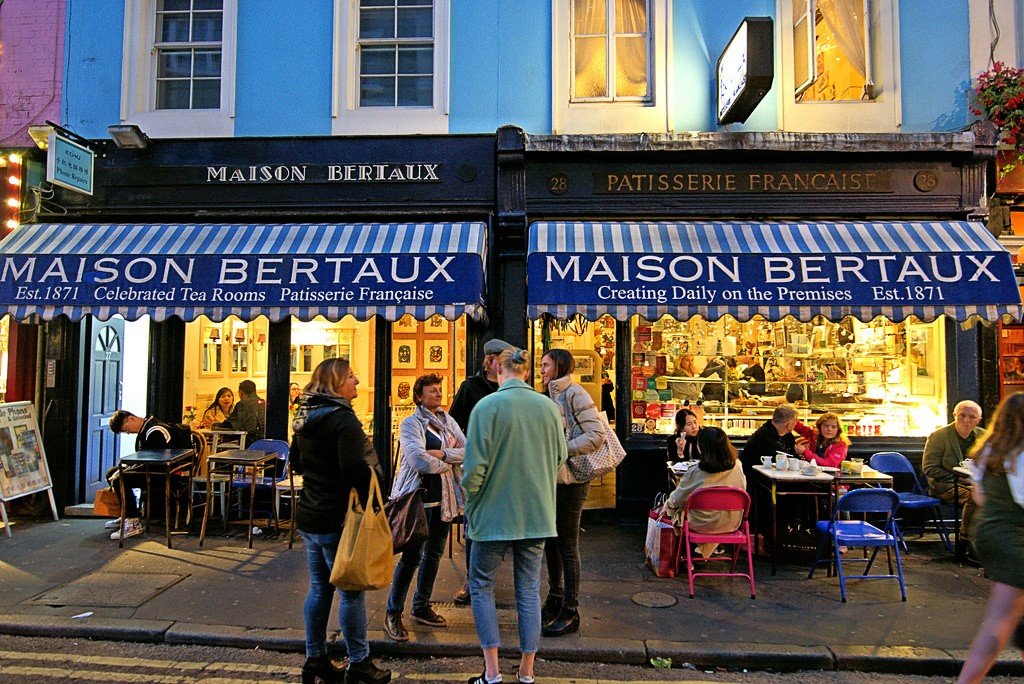 A traditional French patisserie with fresh pastries displayed in Soho, London