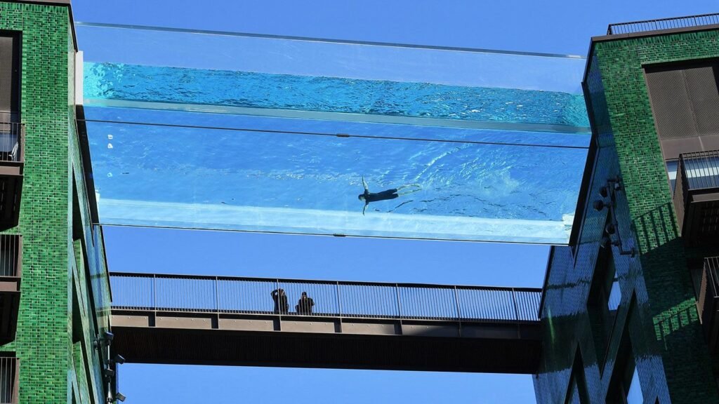 A transparent Sky Pool suspended between two buildings in Nine Elms, London