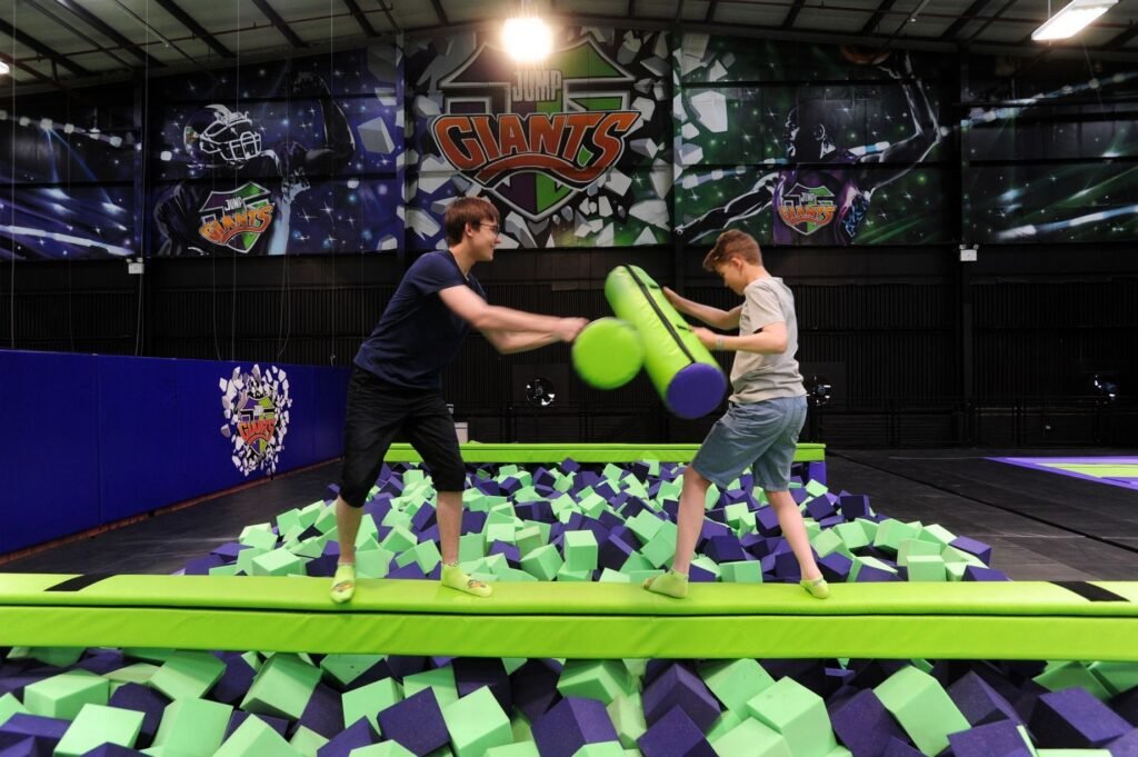 Test balance and skills in an exciting Battle Beams challenge Narrow balance beams with foam pits on both sides